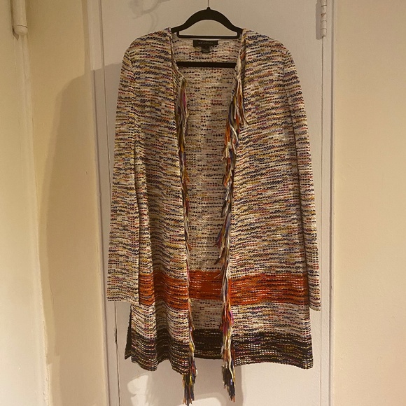 St. John Colorful Multicolor Long Open Cardigan with Fringe Size Petite P - Picture 1 of 4